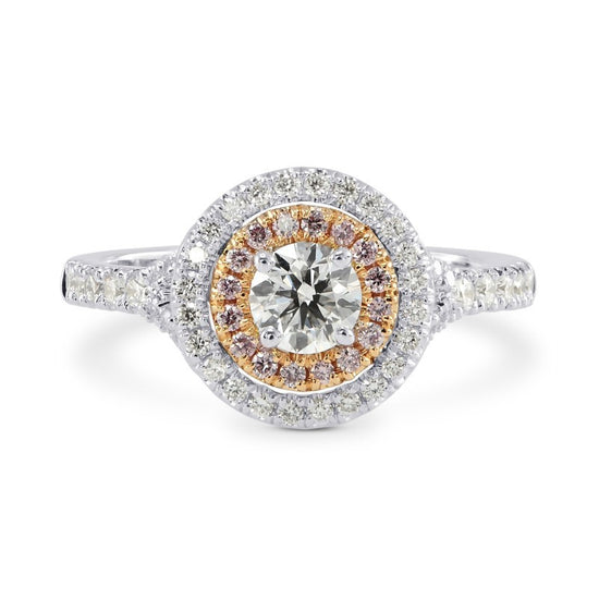 Round White and Pink Diamond Double Halo Ring