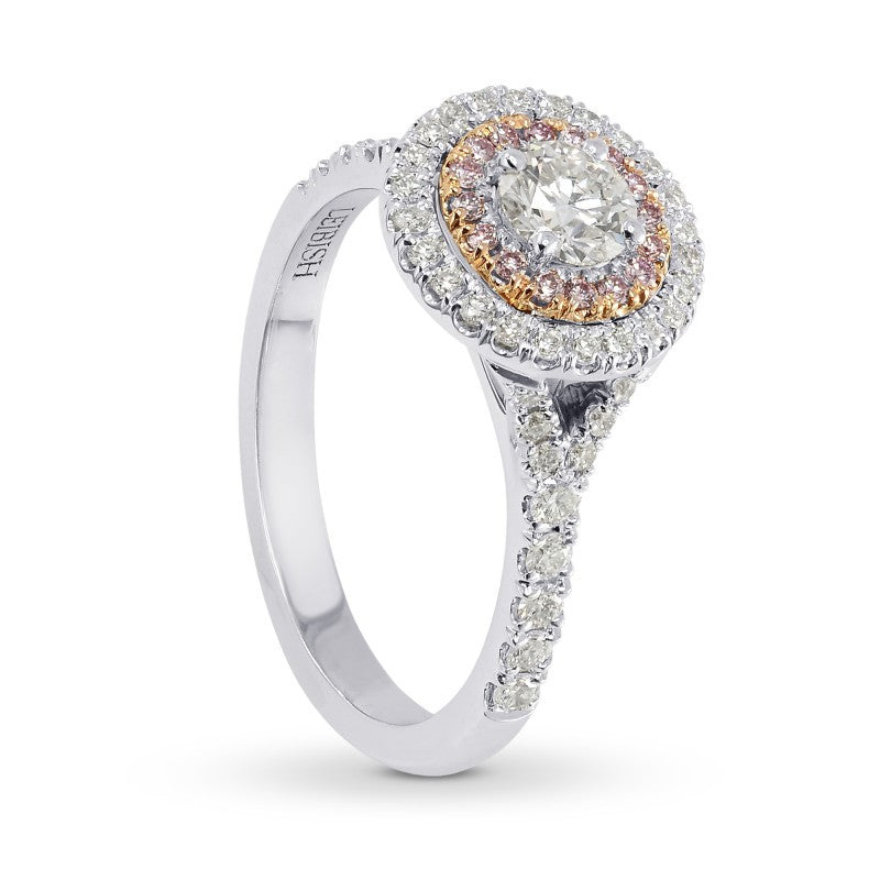 Round White and Pink Diamond Double Halo Ring