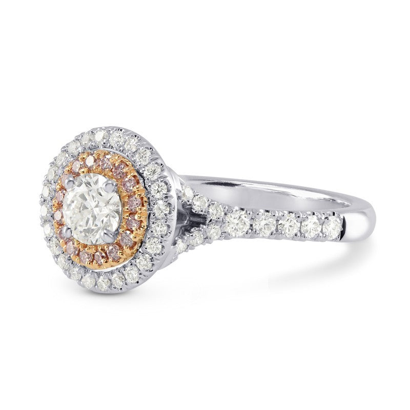 Round White and Pink Diamond Double Halo Ring