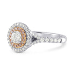 Round White and Pink Diamond Double Halo Ring