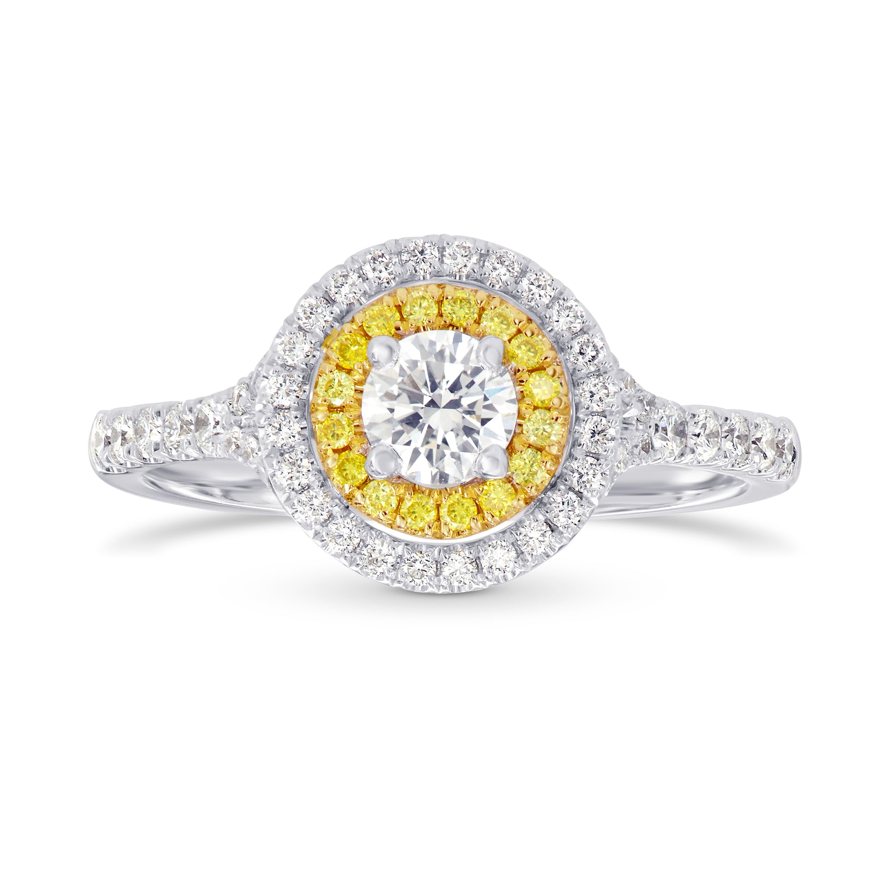 Round White and Fancy Intense Yellow Diamond Double Halo Ring