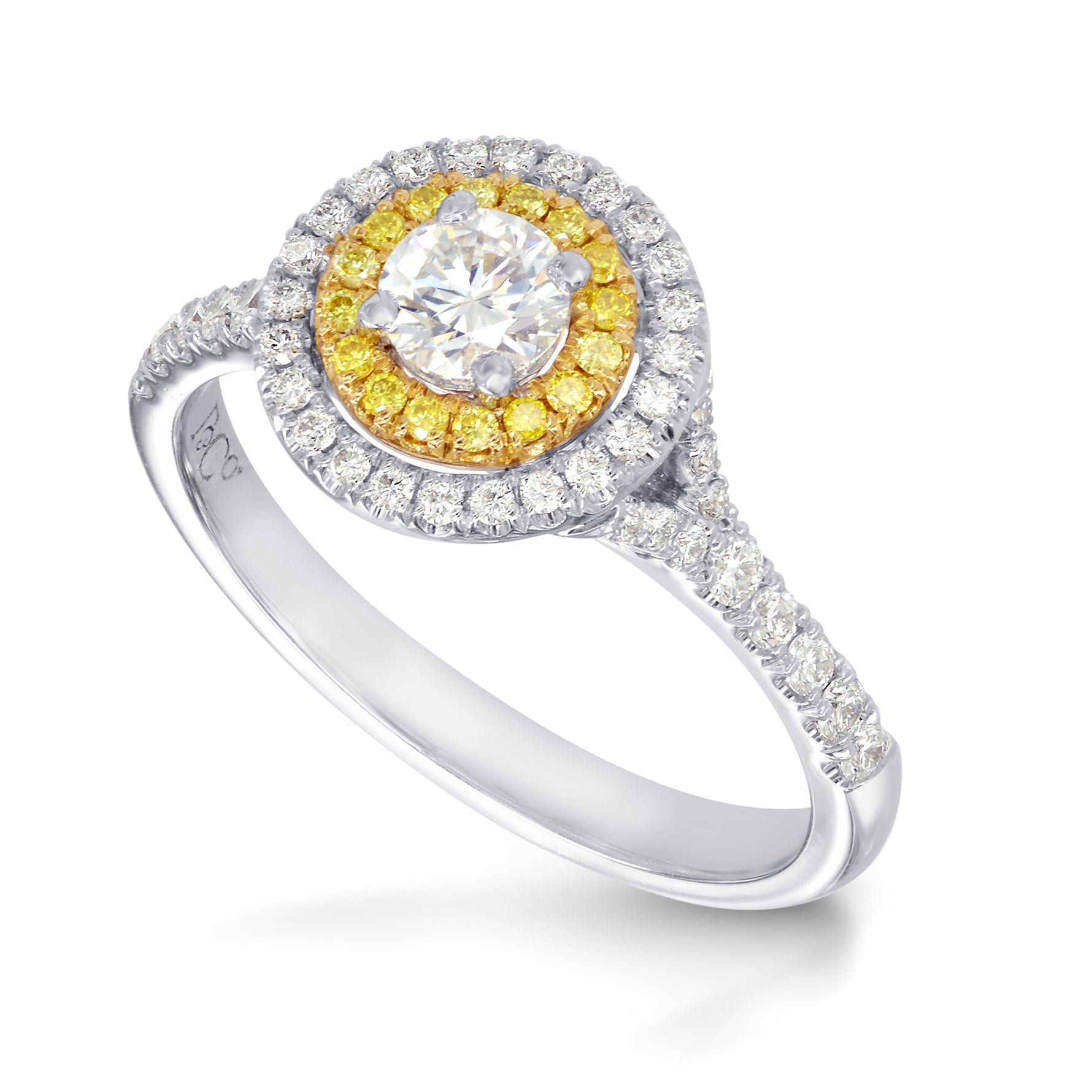 Round White and Fancy Intense Yellow Diamond Double Halo Ring