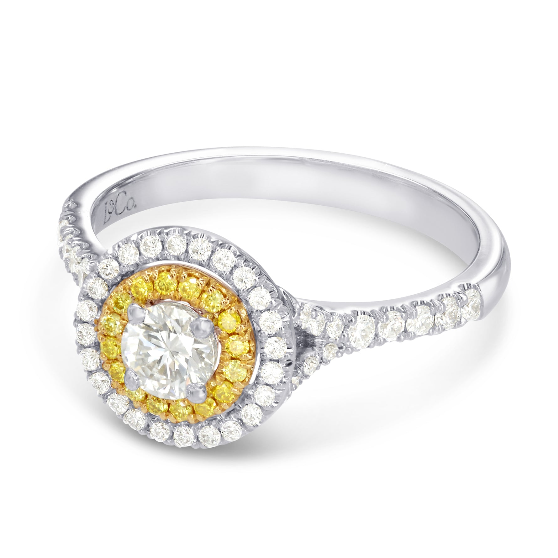 Round White and Fancy Intense Yellow Diamond Double Halo Ring