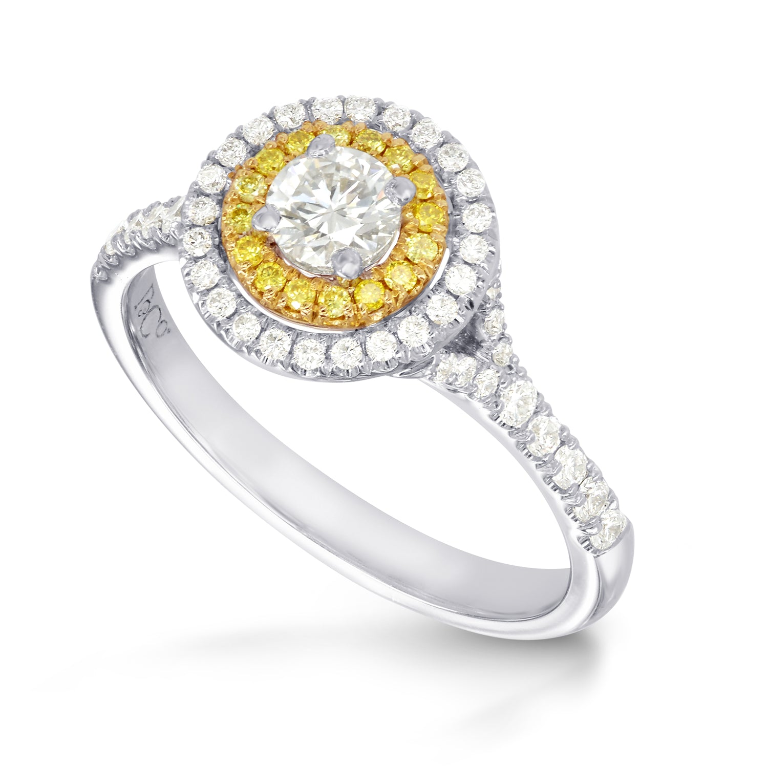 Round White and Fancy Intense Yellow Diamond Double Halo Ring