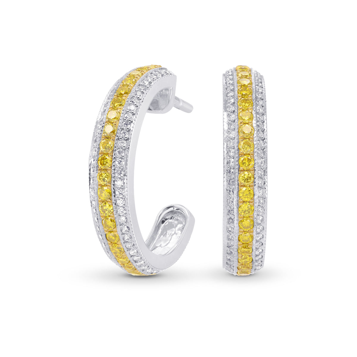 Fancy Vivid Yellow and White Pave Diamond Hoop Earrings