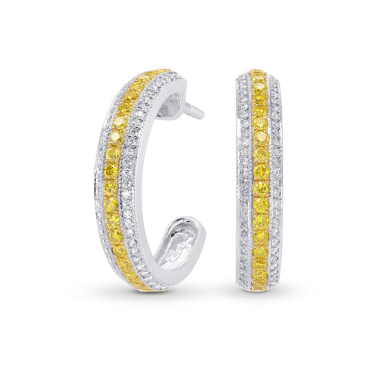 Fancy Vivid Yellow and White Pave Diamond Hoop Earrings