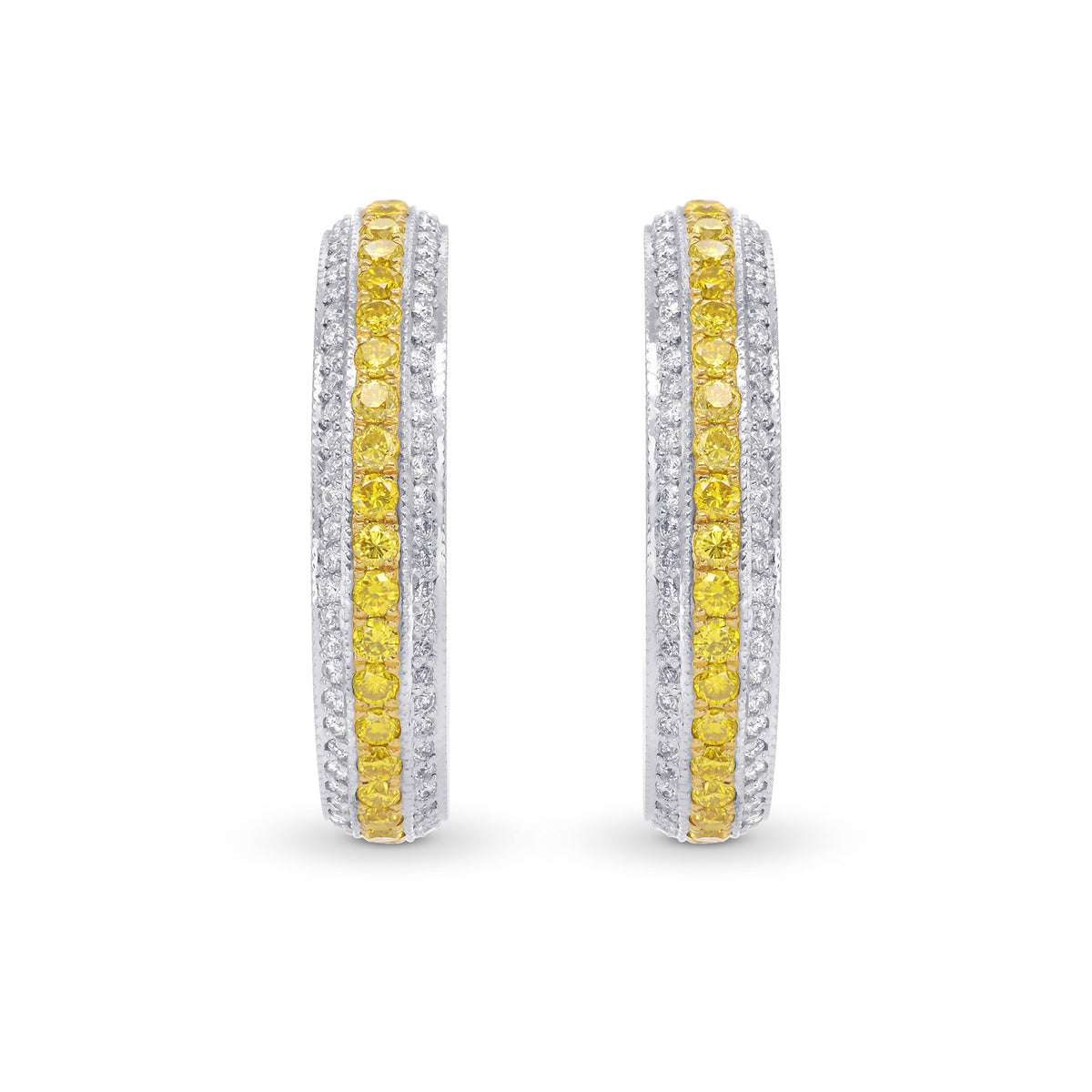 Fancy Vivid Yellow and White Pave Diamond Hoop Earrings