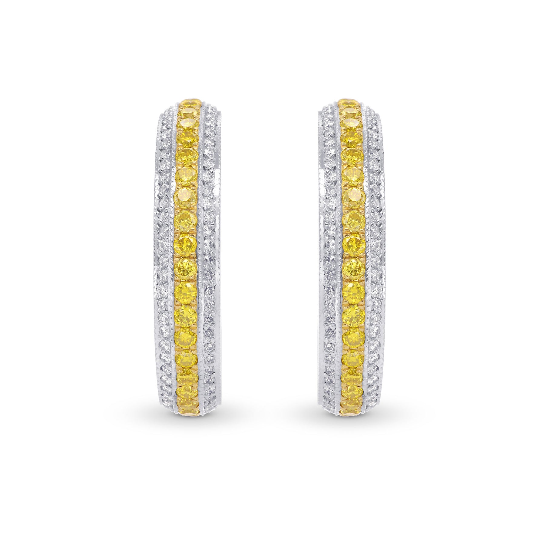 Fancy Vivid Yellow and White Pave Diamond Hoop Earrings