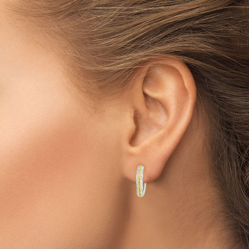 Fancy Vivid Yellow and White Pave Diamond Hoop Earrings