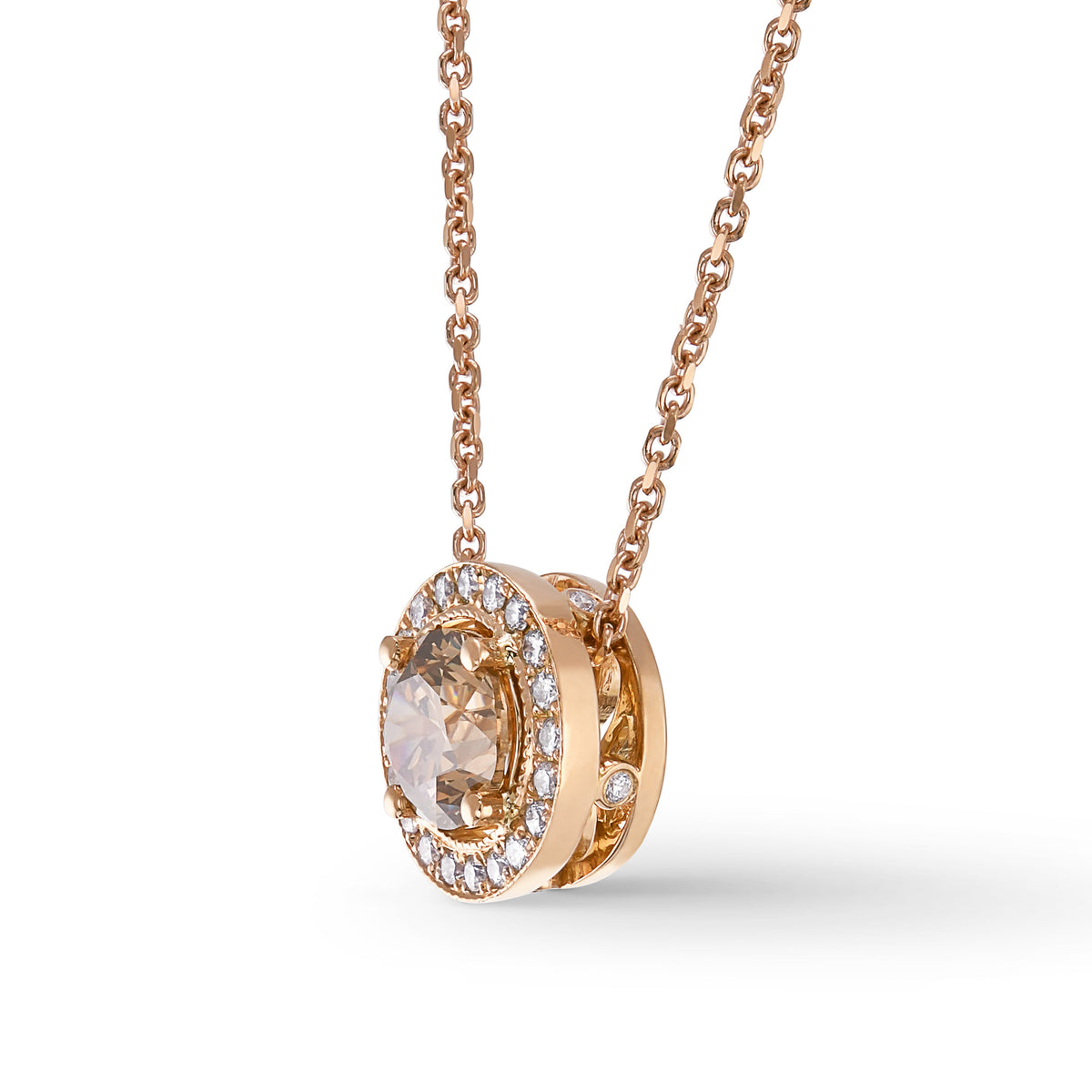 Rose Gold Fancy Brown Round Brilliant Diamond Milgrain Halo Pendant