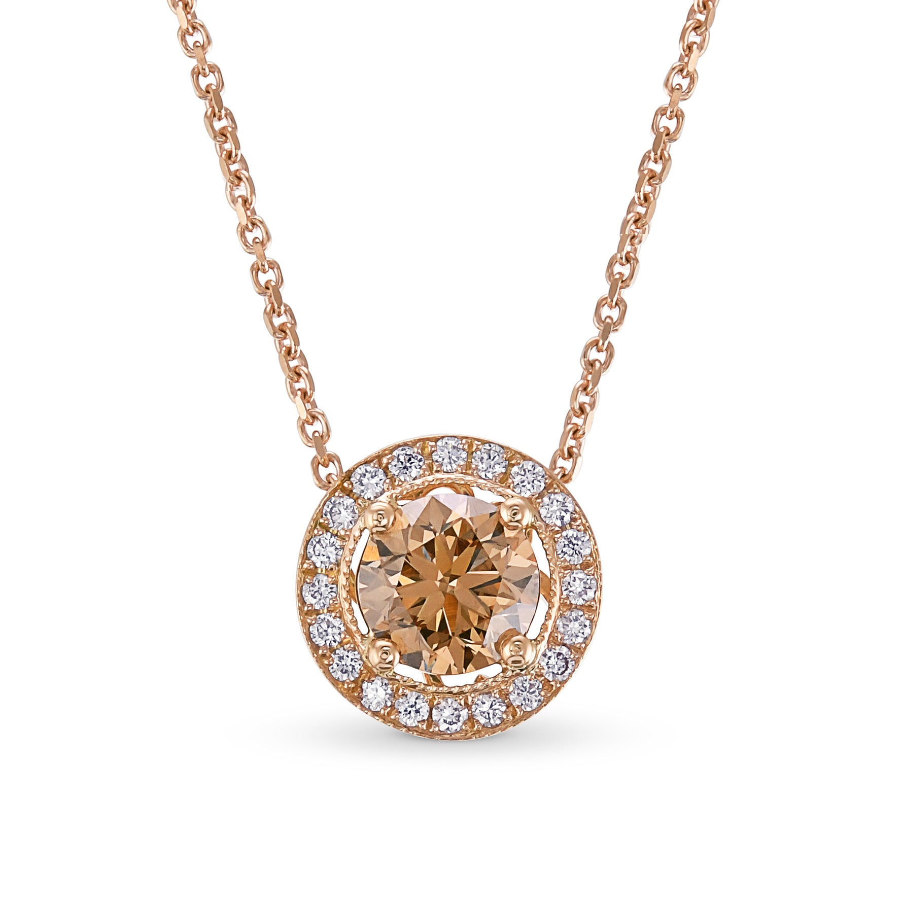 Rose Gold Fancy Brown Round Brilliant Diamond Milgrain Halo Pendant