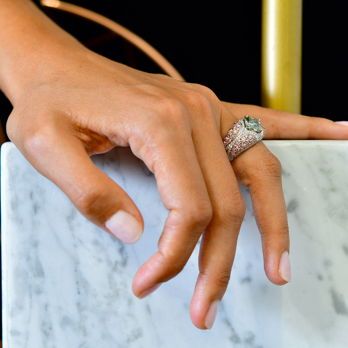 Green Radiant Pink Pave Diamond Ring