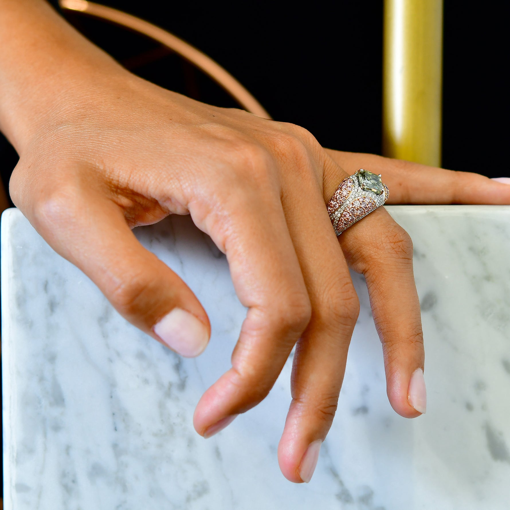 Green Radiant Pink Pave Diamond Ring