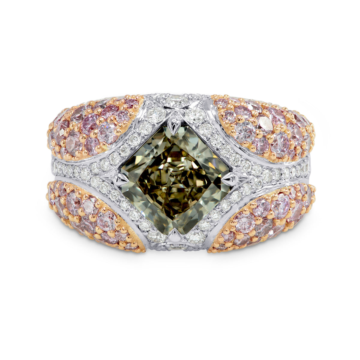 Green Radiant Pink Pave Diamond Ring