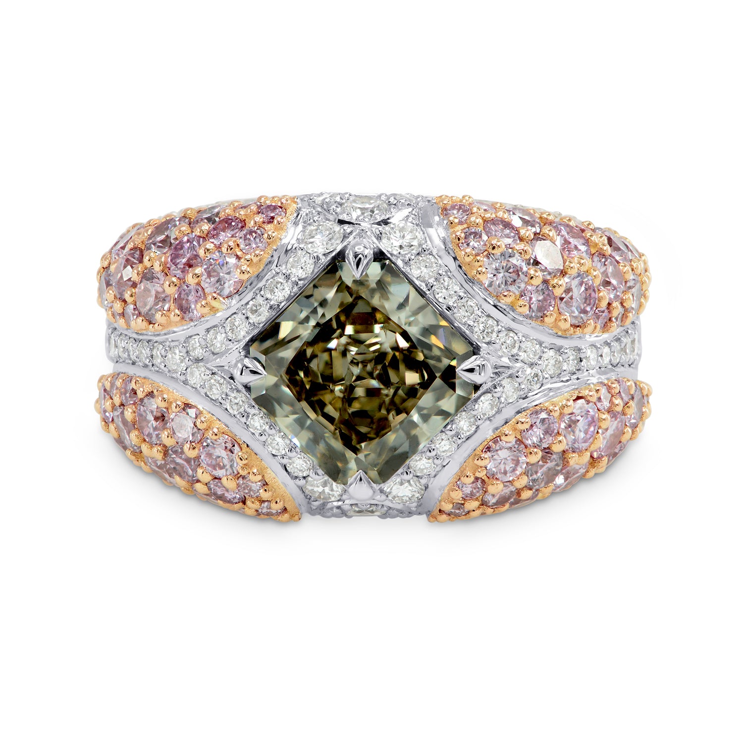 Green Radiant Pink Pave Diamond Ring