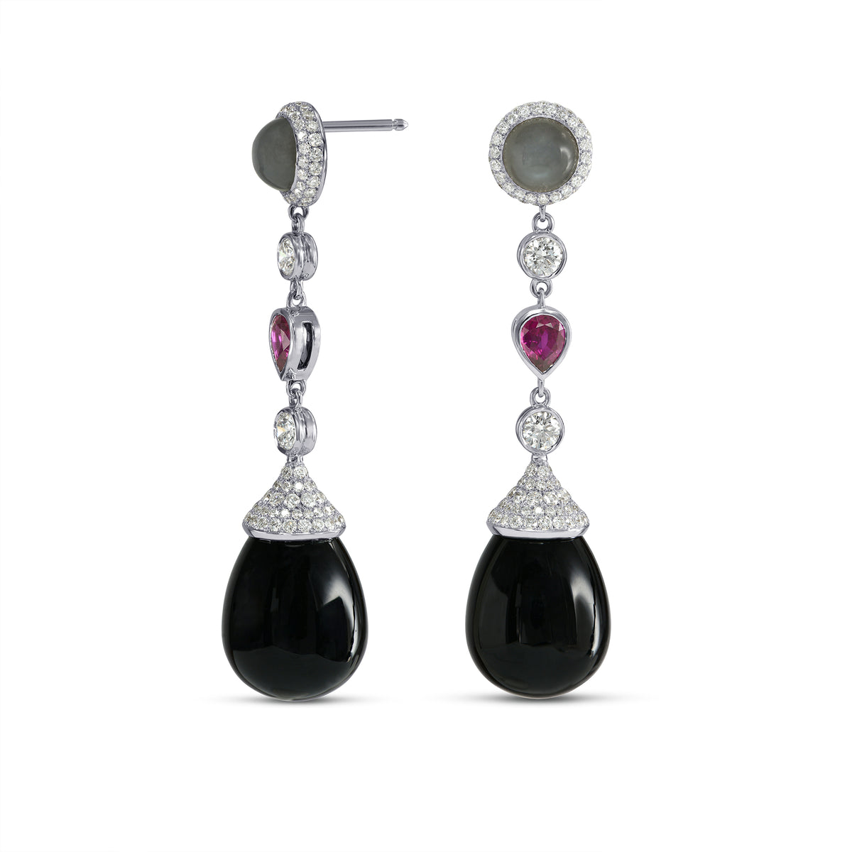 Onyx, Ruby, Moonstone & Diamond Drop Earrings