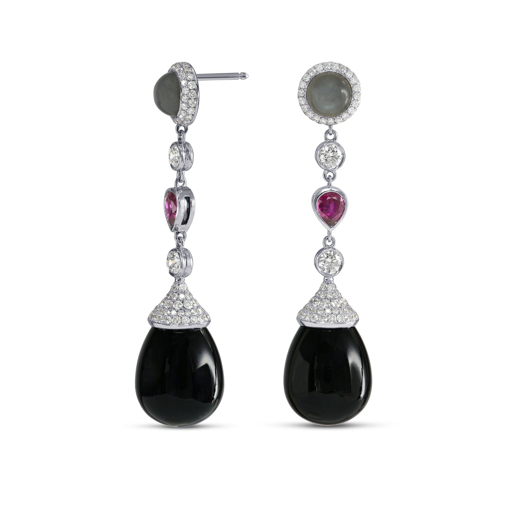 Onyx, Ruby, Moonstone & Diamond Drop Earrings