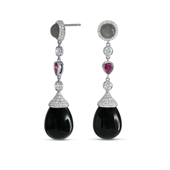 Onyx, Ruby, Moonstone & Diamond Drop Earrings