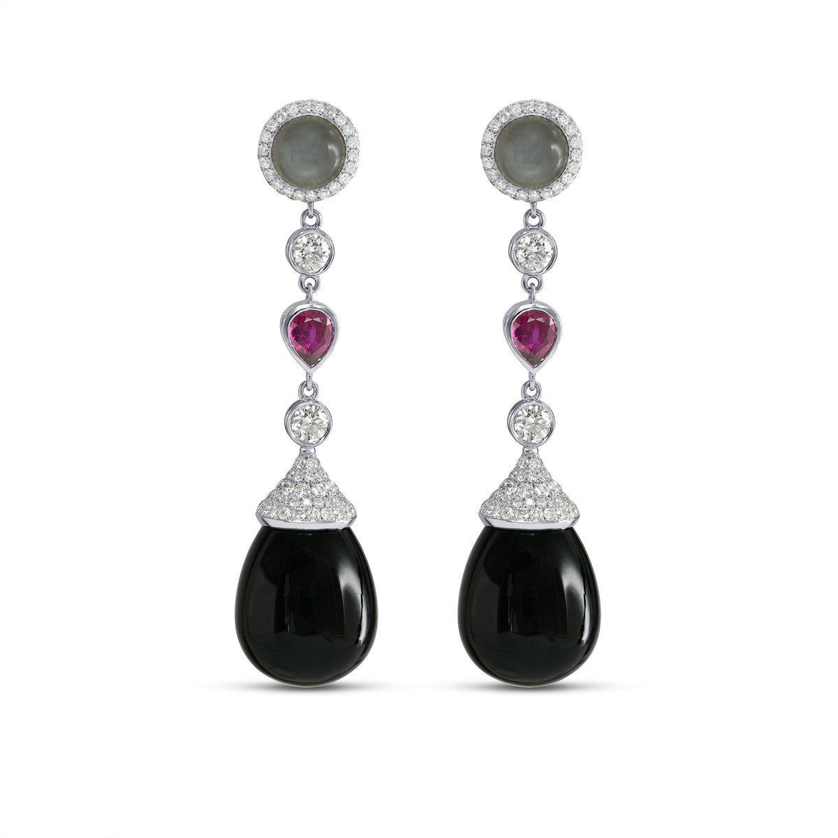 Onyx, Ruby, Moonstone & Diamond Drop Earrings
