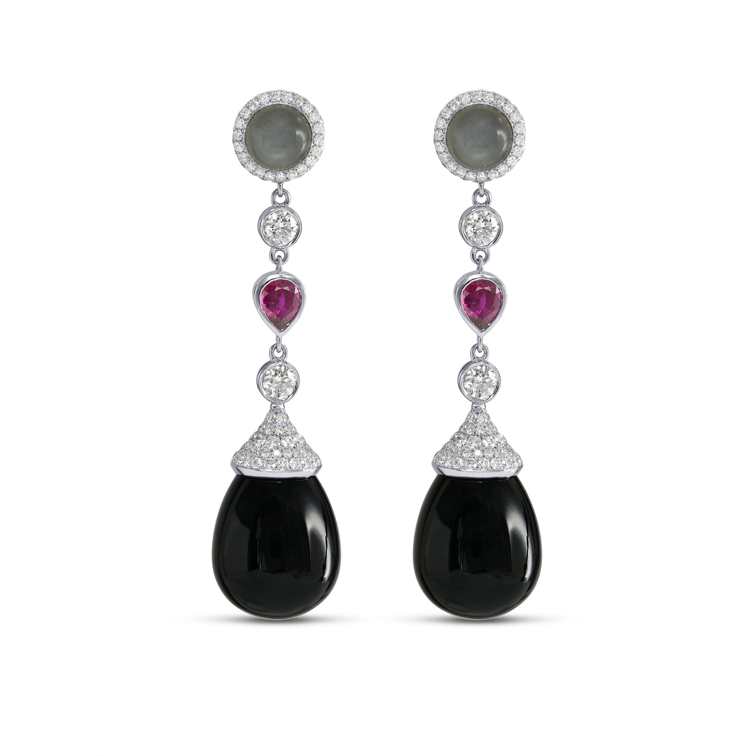Onyx, Ruby, Moonstone & Diamond Drop Earrings