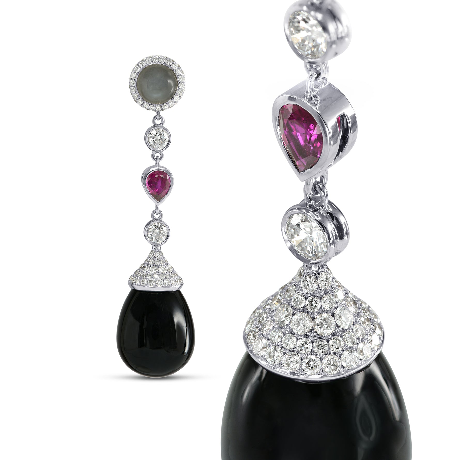 Onyx, Ruby, Moonstone & Diamond Drop Earrings