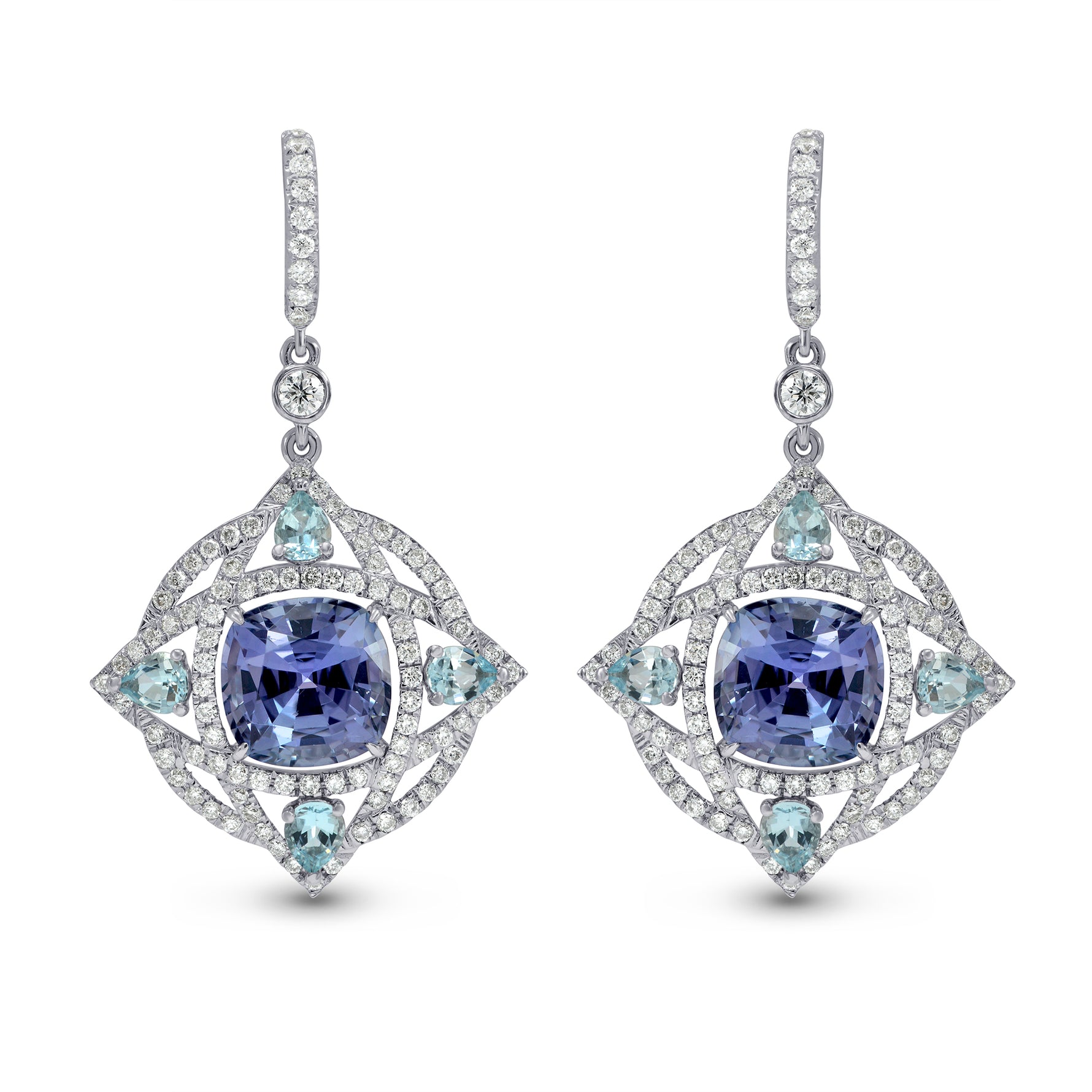 Tanzanite and Aquamarine Drop Diamond Earrings