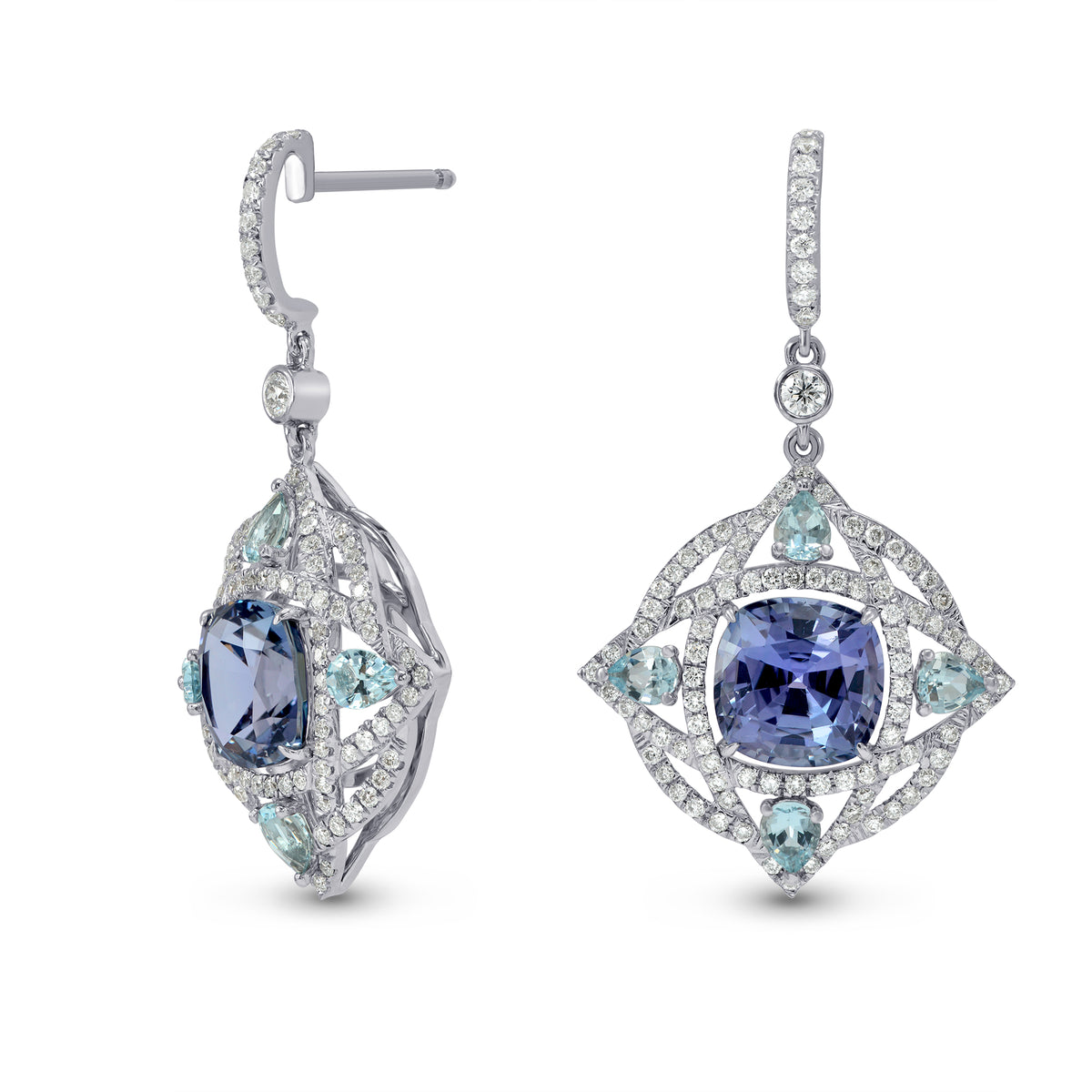 Tanzanite and Aquamarine Drop Diamond Earrings