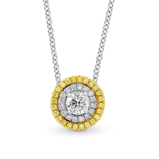 Round White and Fancy Intense Yellow Diamond Double Halo Pendant