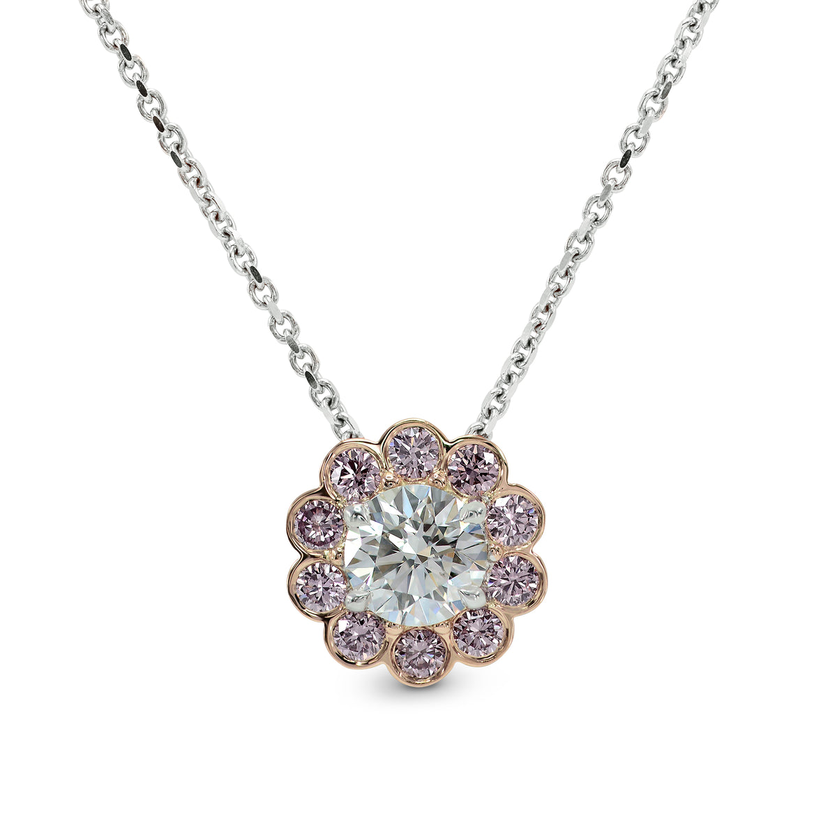 White and Pink Diamond Floral Halo Pendant
