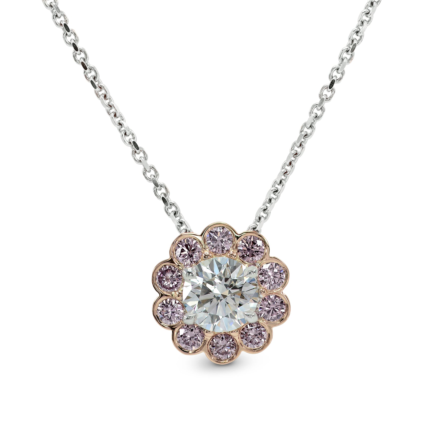 White and Pink Diamond Floral Halo Pendant