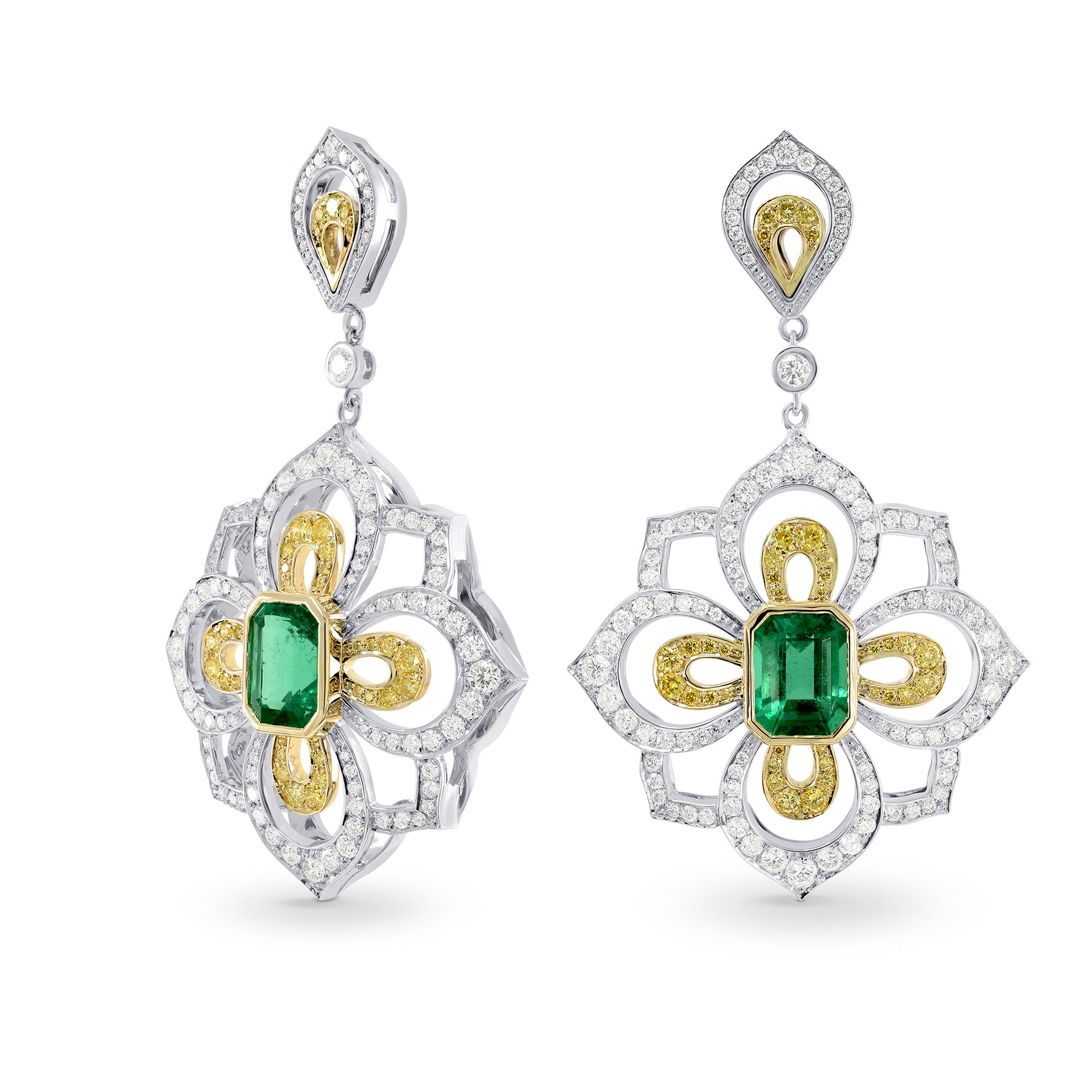 Emerald and Fancy Intense Yellow Diamond Drop Earrings