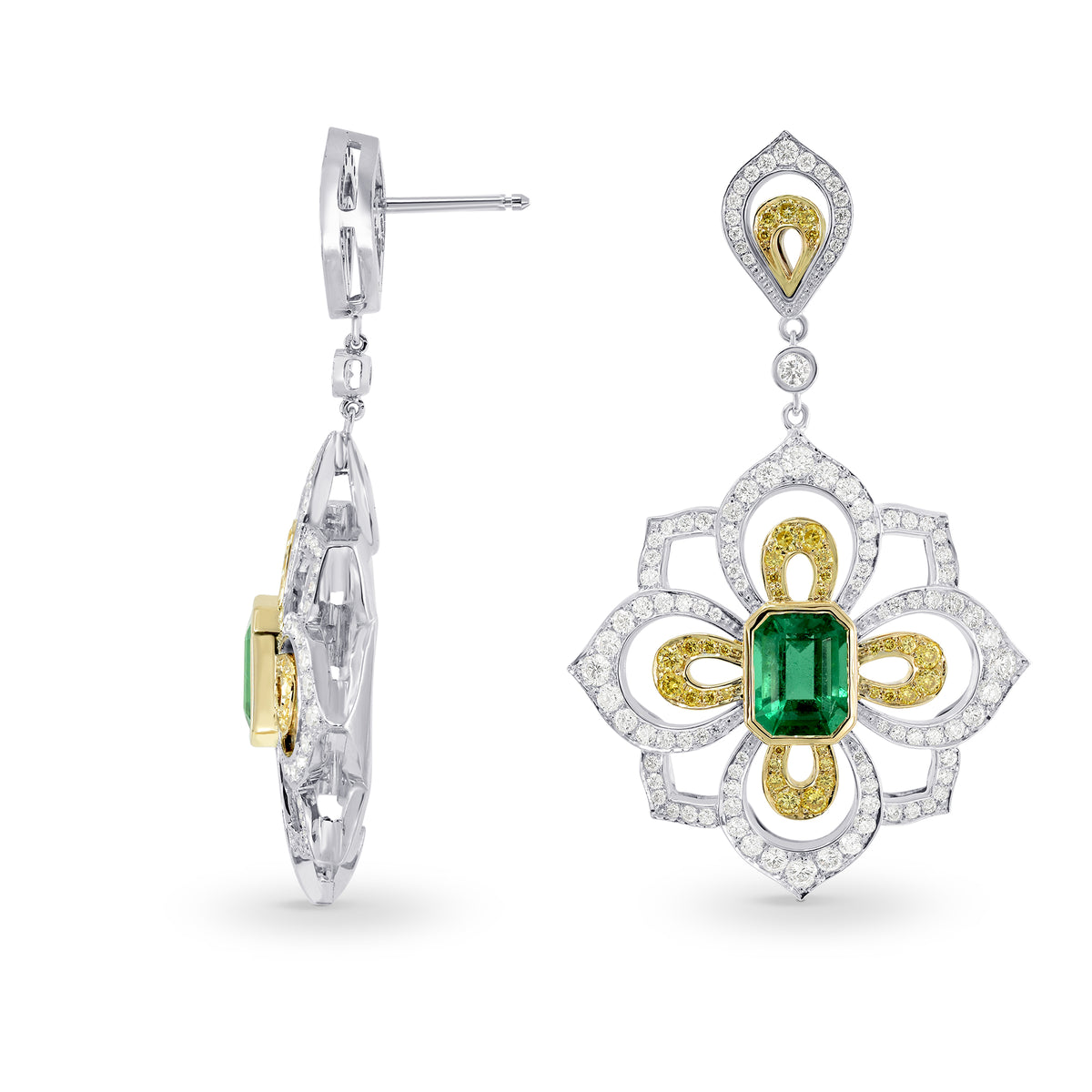 Emerald and Fancy Intense Yellow Diamond Drop Earrings