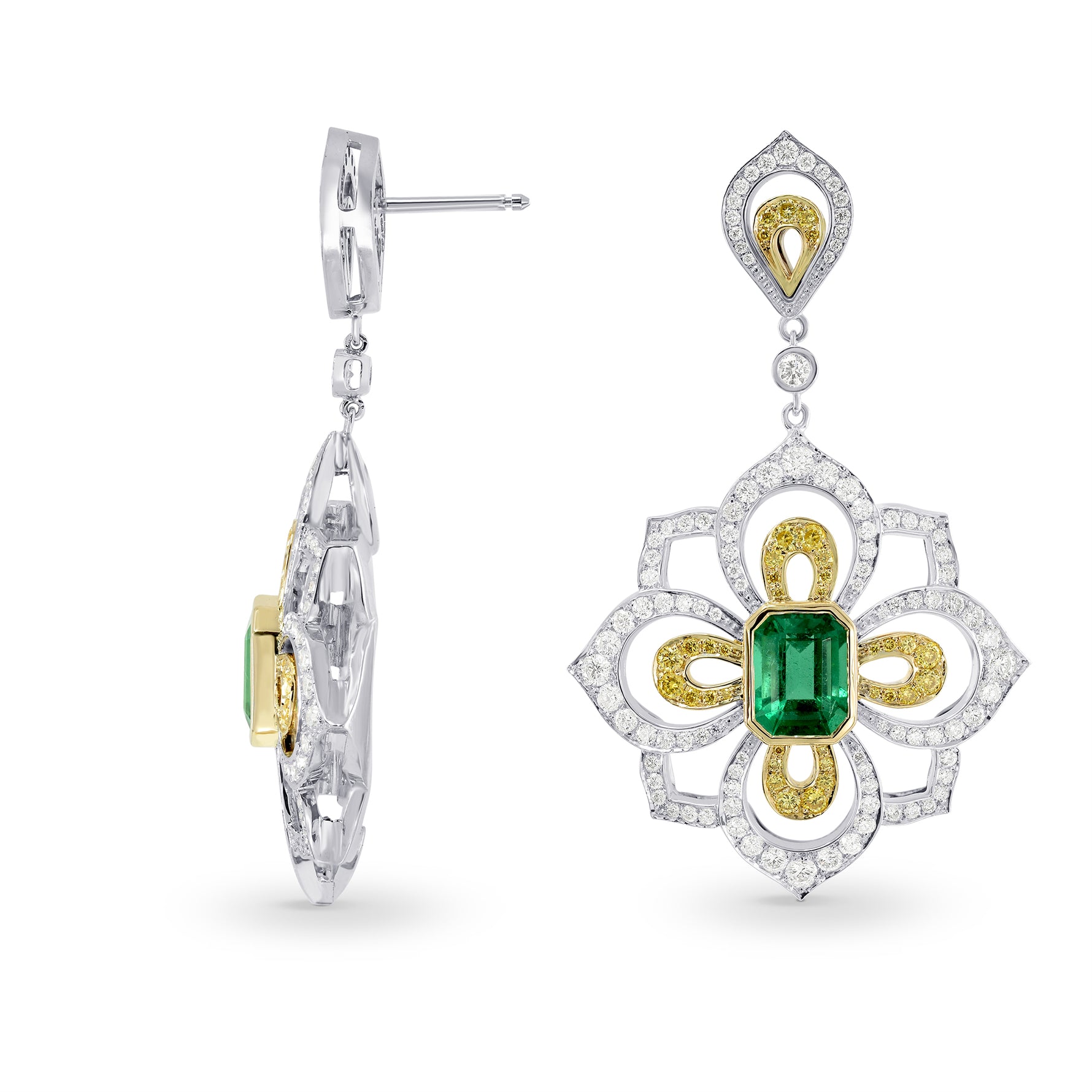 Emerald and Fancy Intense Yellow Diamond Drop Earrings