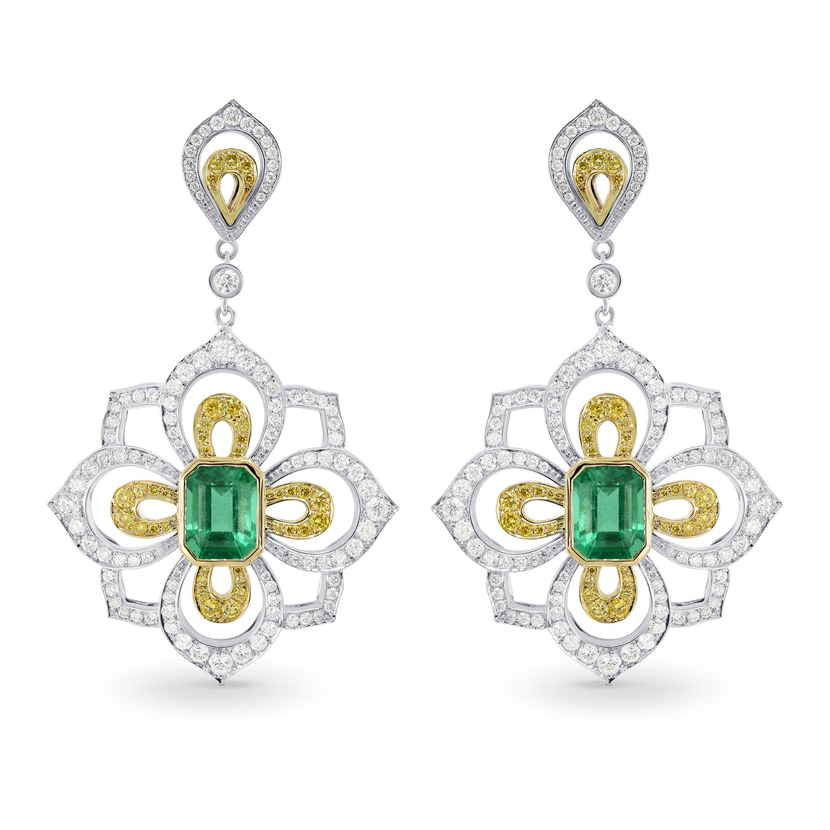 Emerald and Fancy Intense Yellow Diamond Drop Earrings