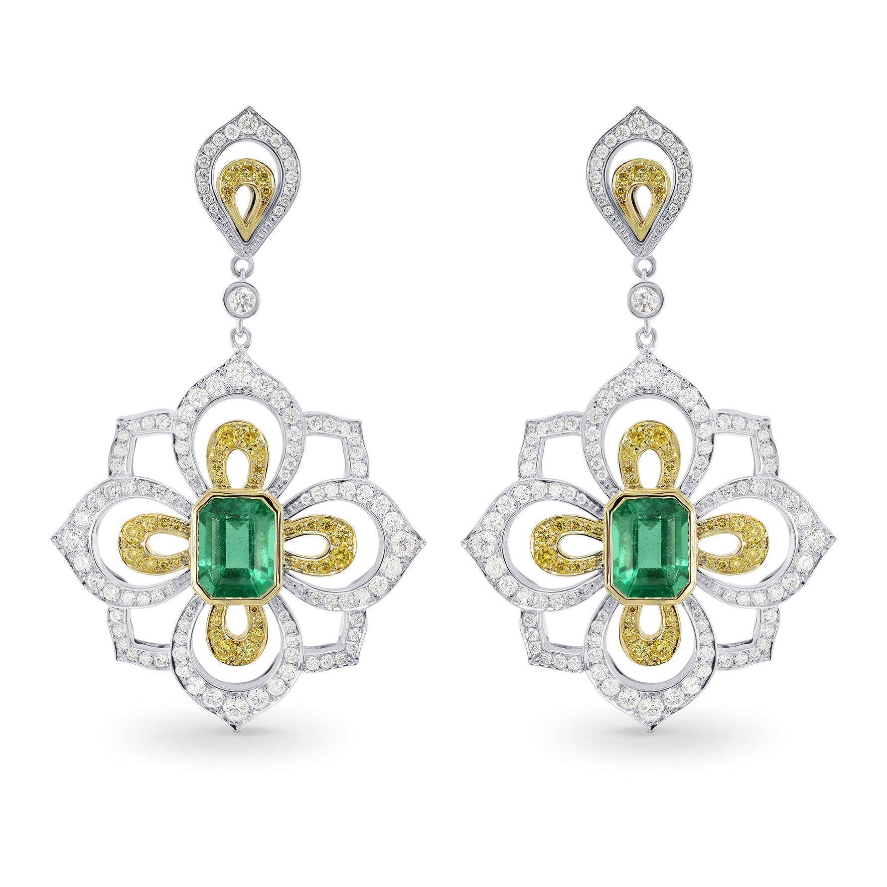 Emerald and Fancy Intense Yellow Diamond Drop Earrings