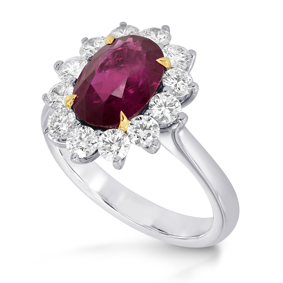 Platinum Oval Ruby and Diamond Basket Halo Ring