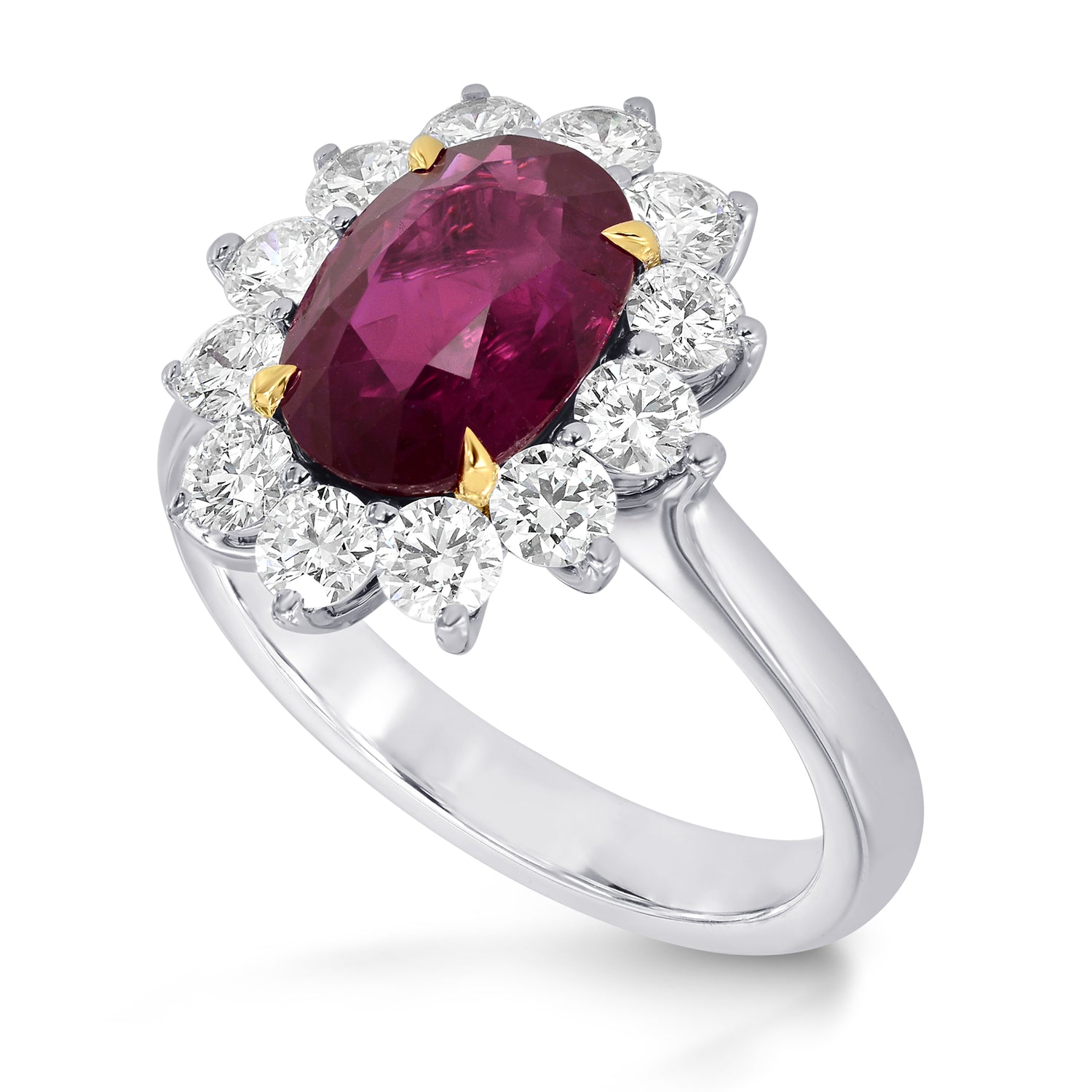 Platinum Oval Ruby and Diamond Basket Halo Ring