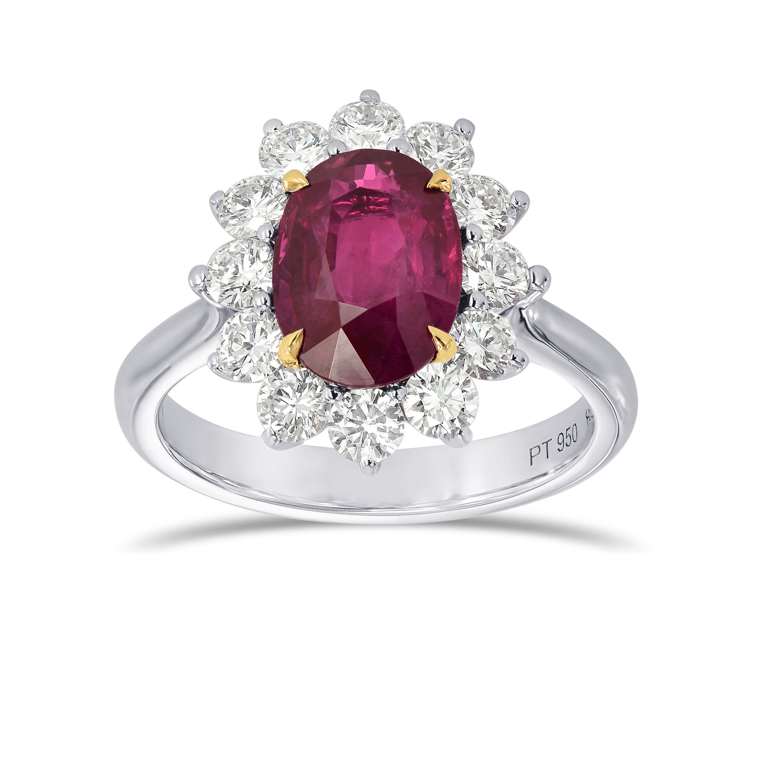 Platinum Oval Ruby and Diamond Basket Halo Ring