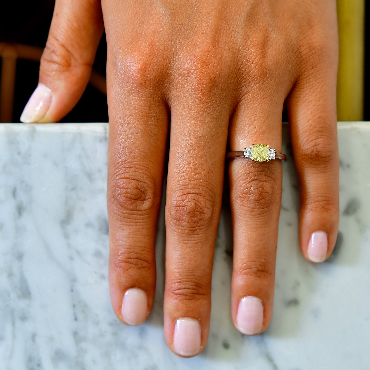 Fancy Yellow Cushion & Half-moon Diamond Ring