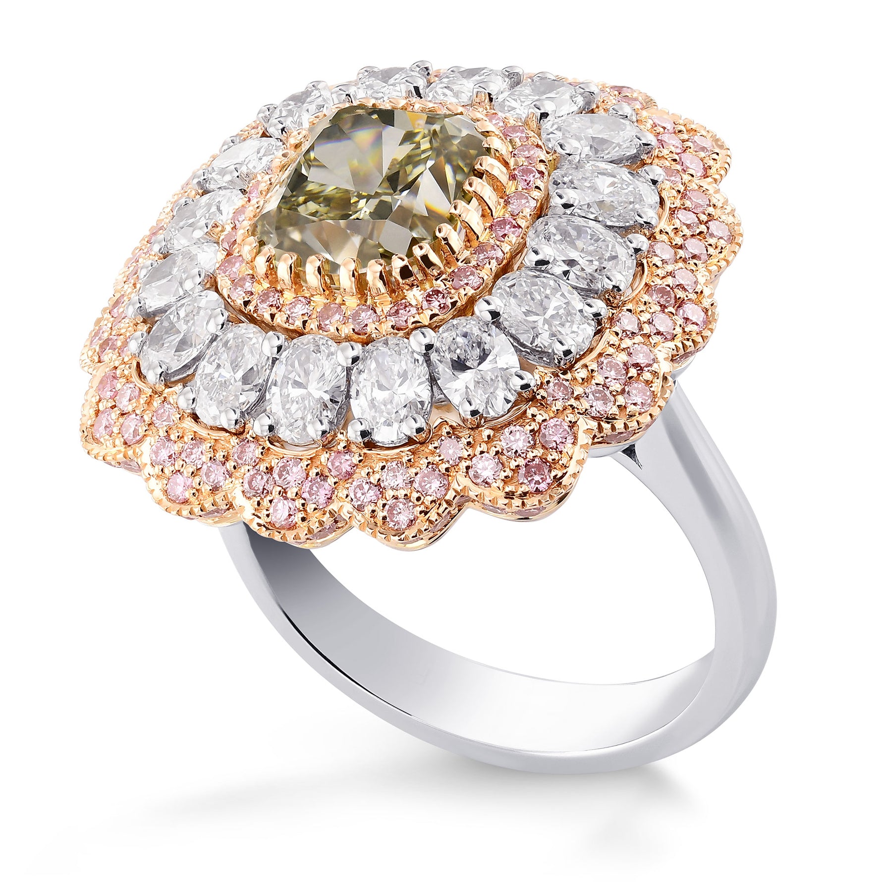 Extraordinary Fancy Grayish Yellowish Green Cushion Diamond Ring