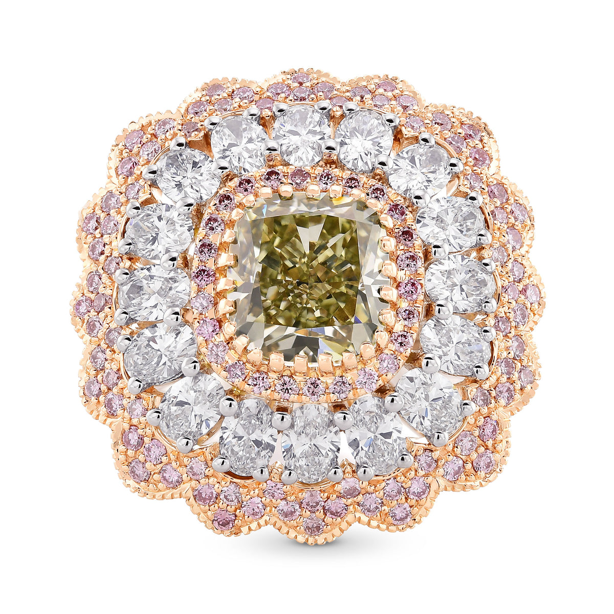Extraordinary Fancy Grayish Yellowish Green Cushion Diamond Ring