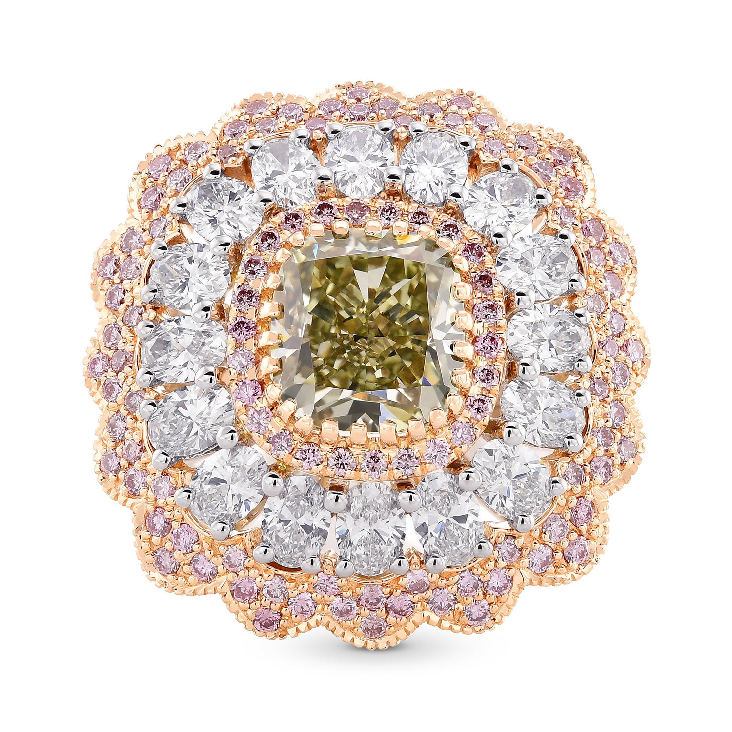 Extraordinary Fancy Grayish Yellowish Green Cushion Diamond Ring