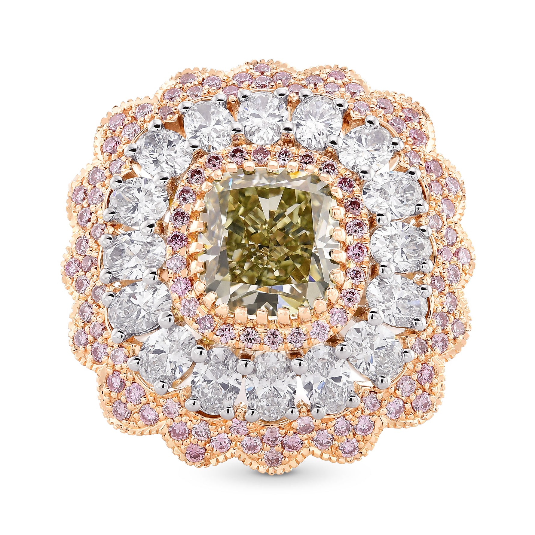 Extraordinary Fancy Grayish Yellowish Green Cushion Diamond Ring