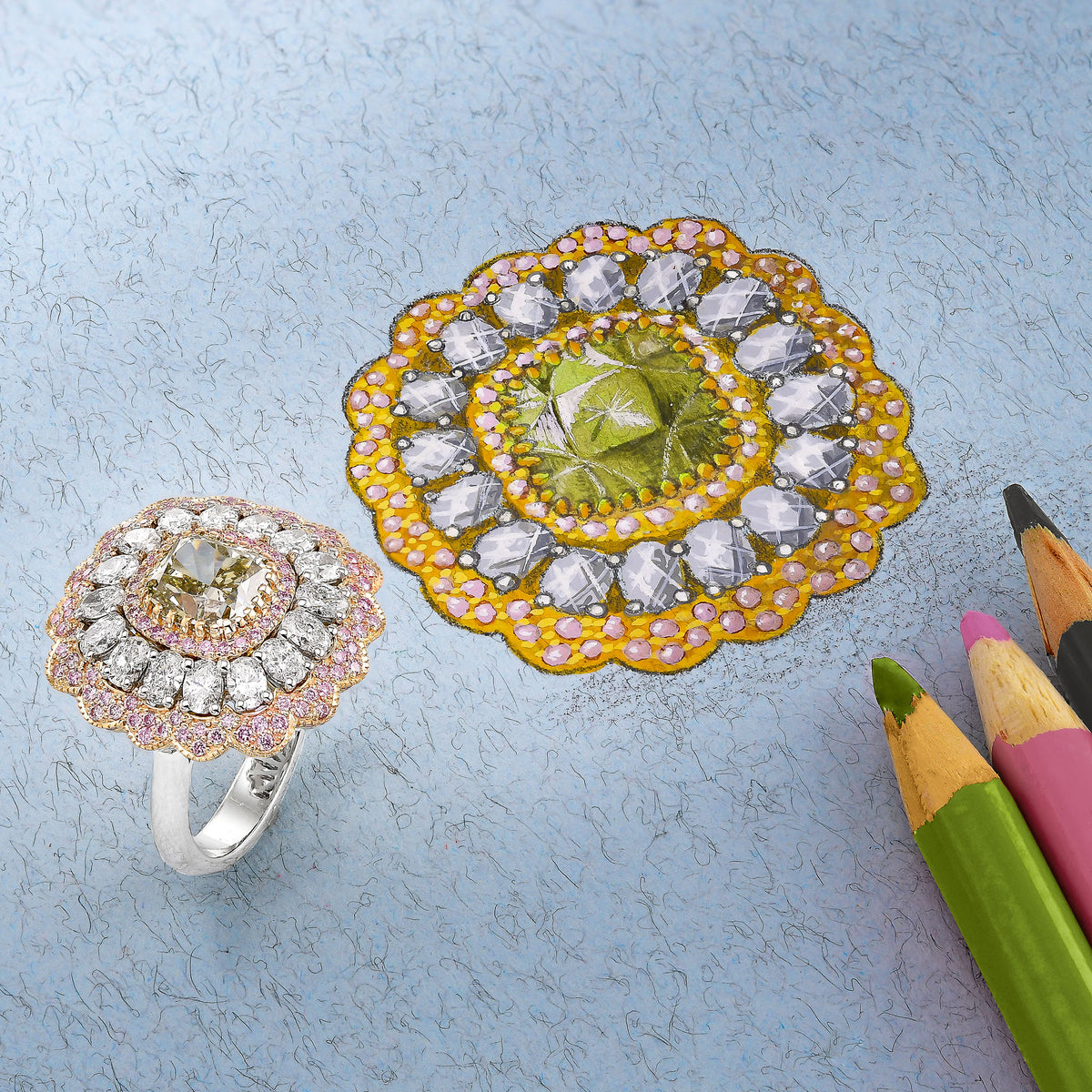 Extraordinary Fancy Grayish Yellowish Green Cushion Diamond Ring