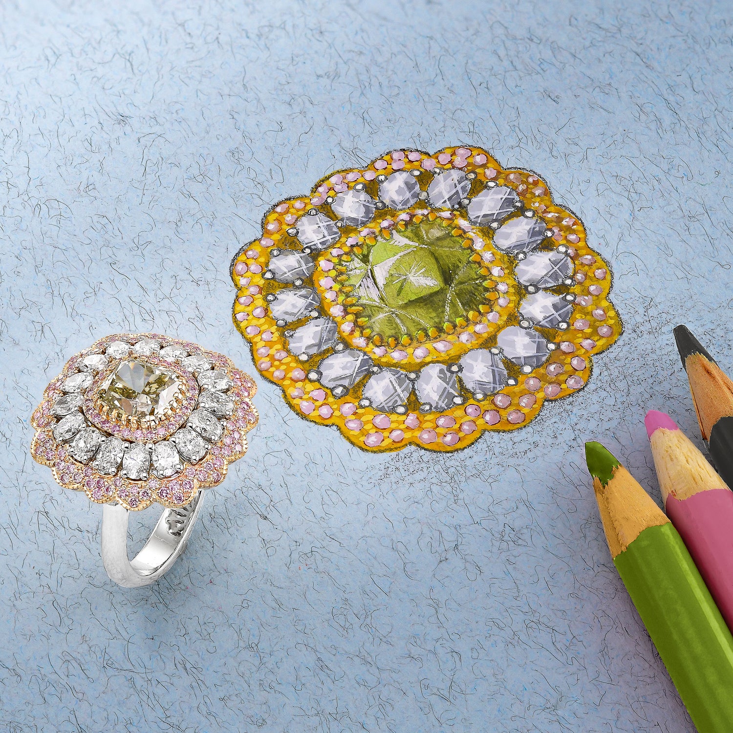 Extraordinary Fancy Grayish Yellowish Green Cushion Diamond Ring