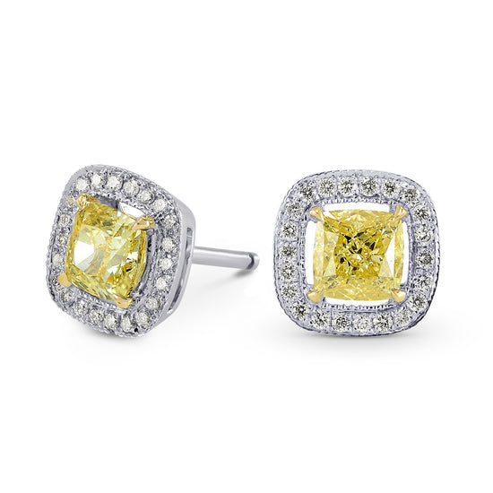 Fancy Intense Yellow Cushion Diamond Halo Earrings