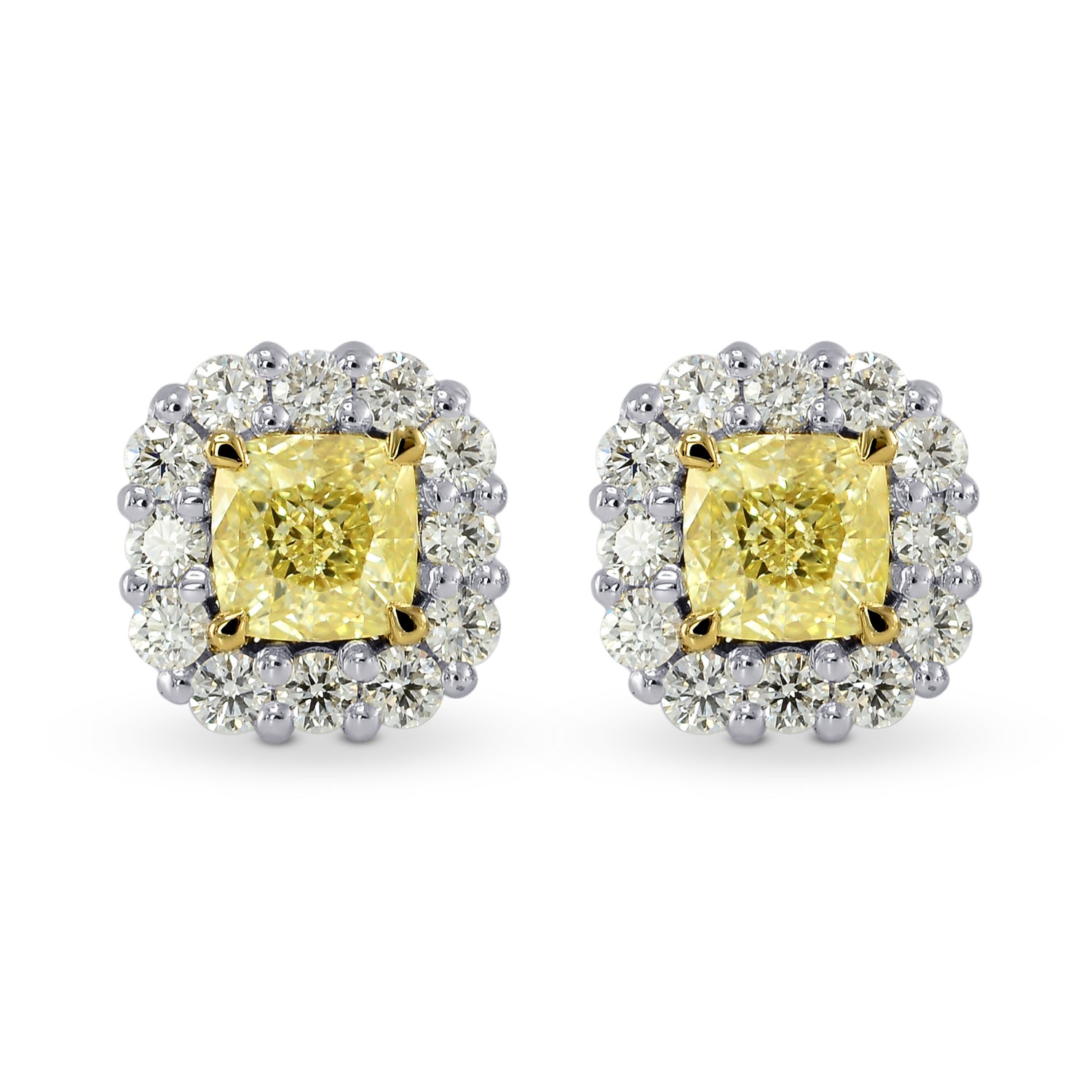 Fancy Yellow Cushion Diamond Halo Earrings
