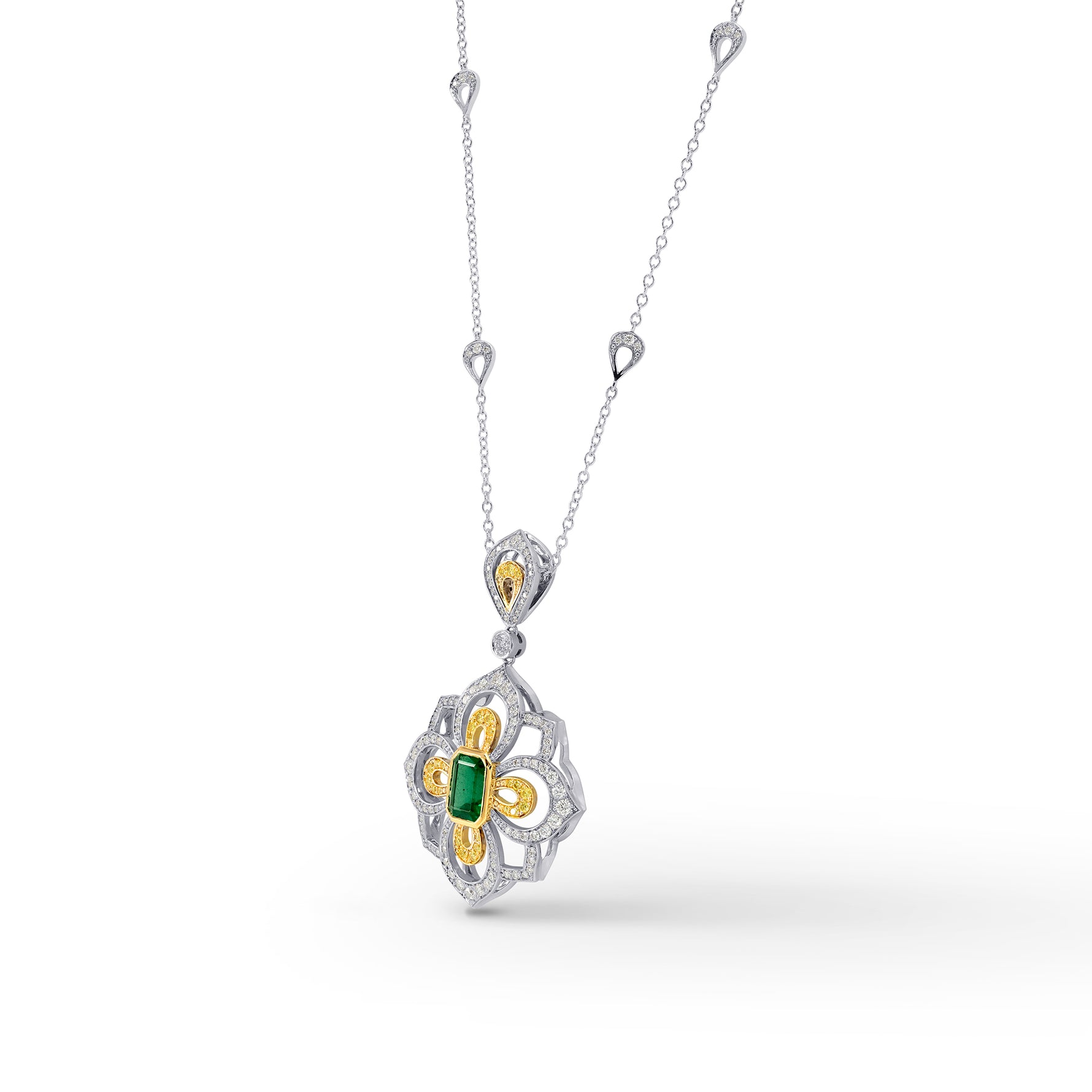 Vivid Green Emerald & Fancy Intense Yellow Diamond Necklace