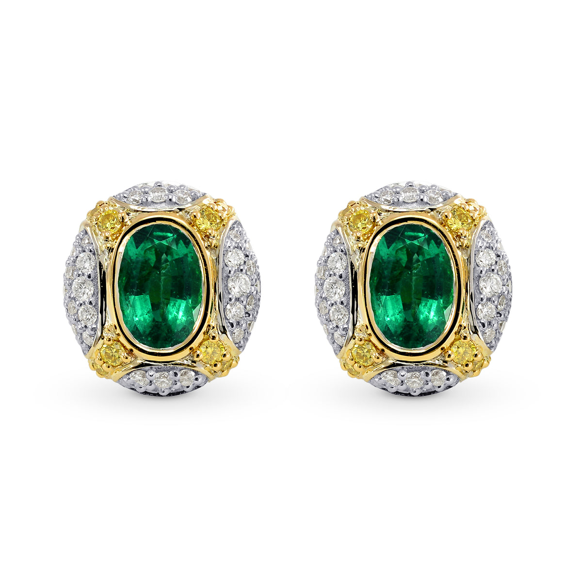 Oval Emerald and Intense Yellow Diamond Earrings