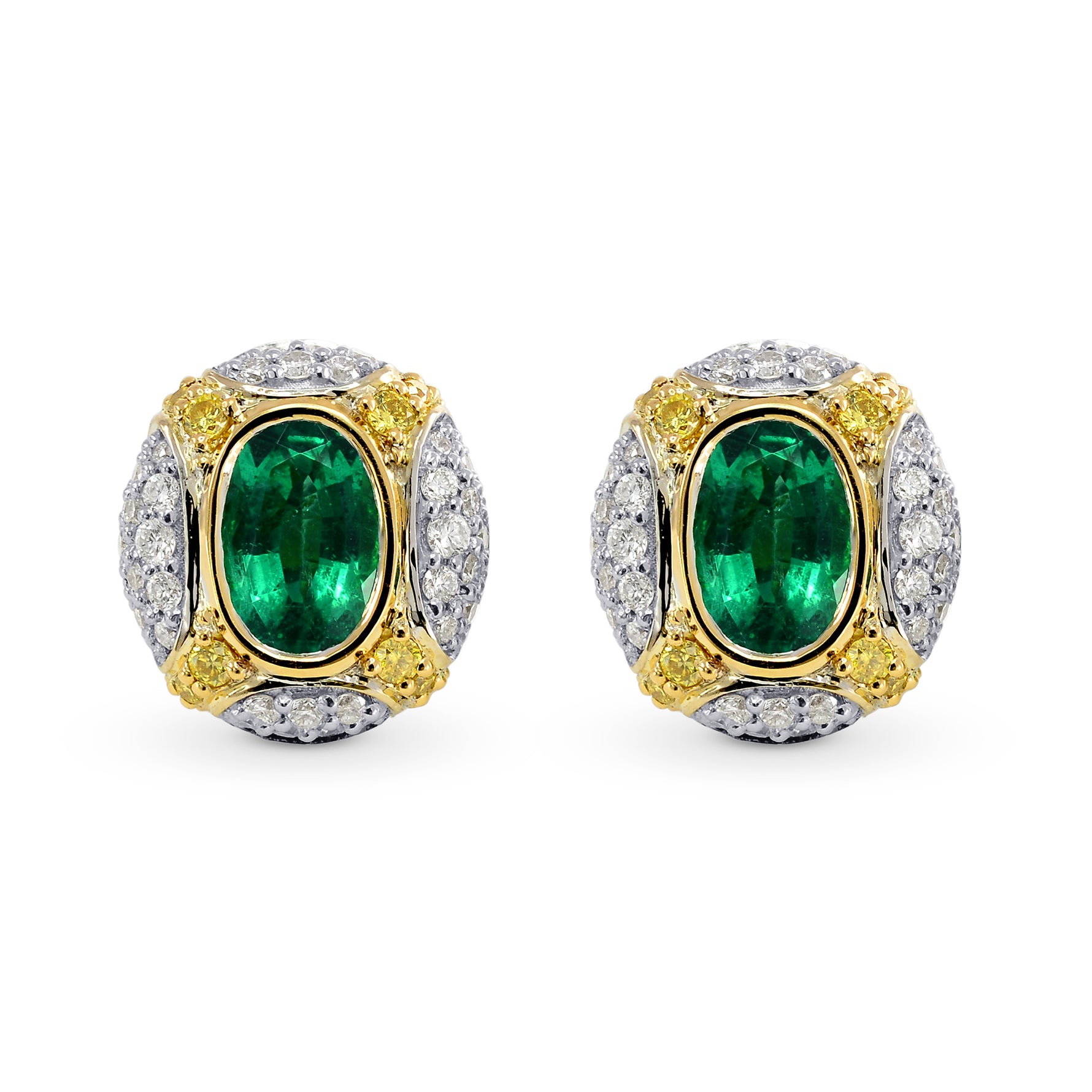 Oval Emerald and Intense Yellow Diamond Earrings